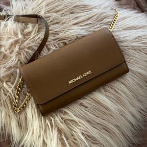 Michael Kors tan gold crossbody wallet bag